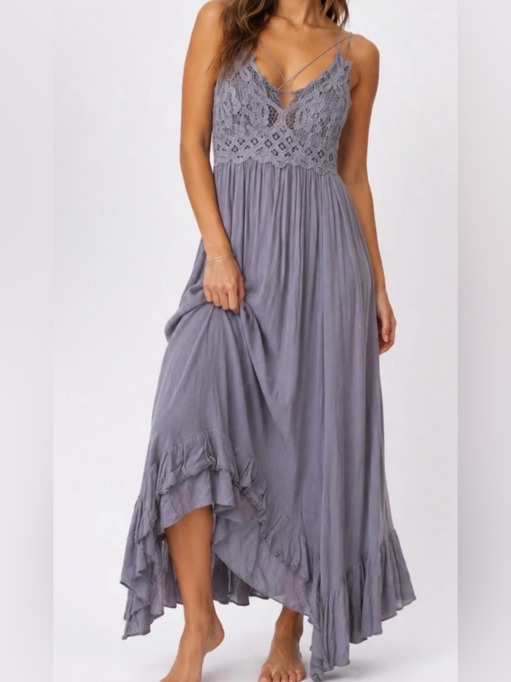 FP One Adella Lace Bodice Maxi Dress in Grey - Size L